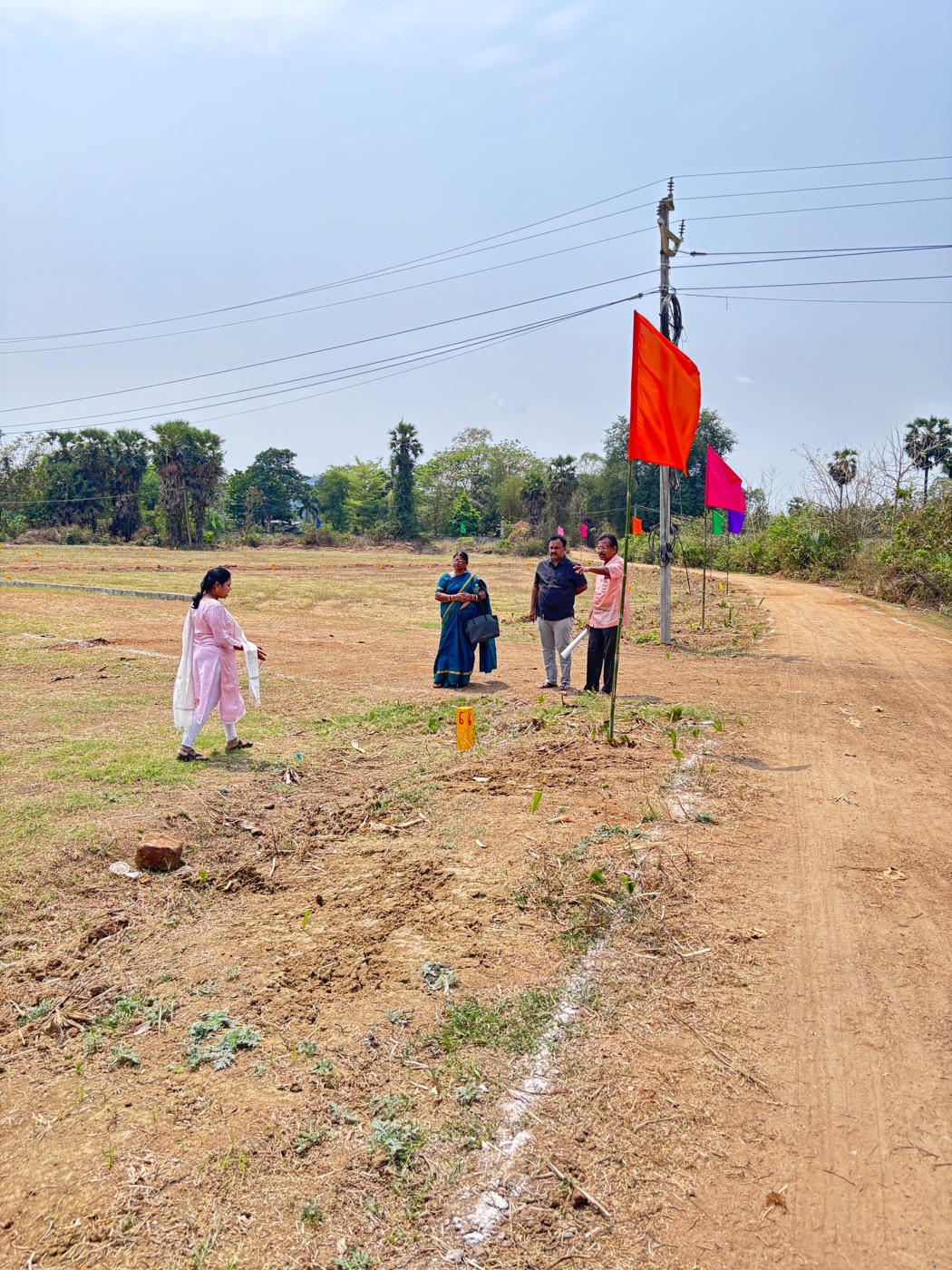 Customers and staff walking the plots on a site visit, with plot markers and flags