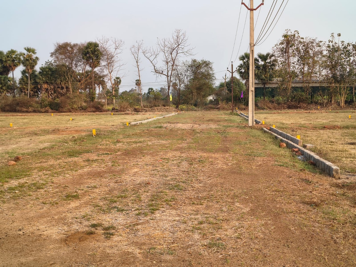 Demarcated plots with a stone-lined drainage channel and an electricity pole